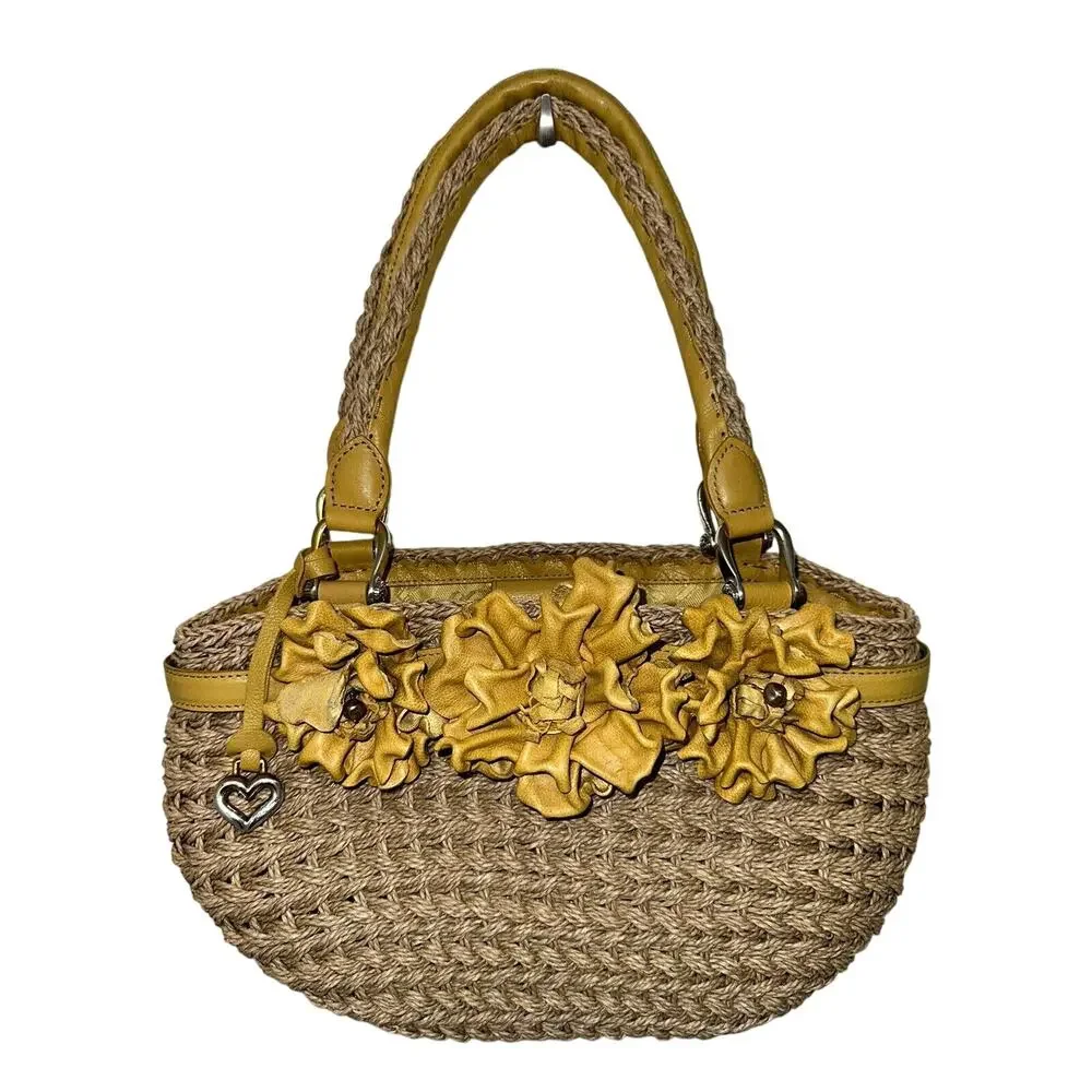Brighton Straw Yellow Leather‎ Flower Handbag Top Handle Bag Boho Shabby Chic